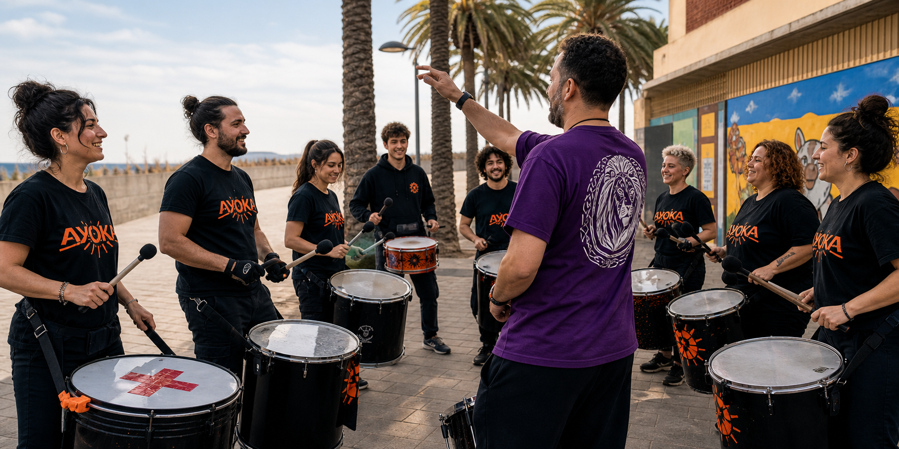 Grupo de batucada tocando tambores en una calle de Barcelona